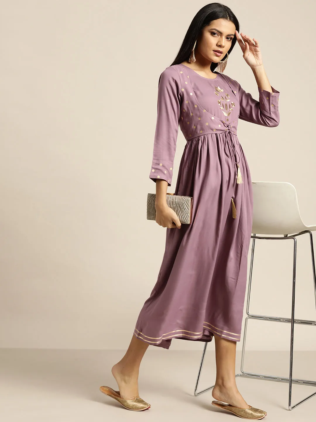 Women Lavender Foil Print Liva Dress With Jacket