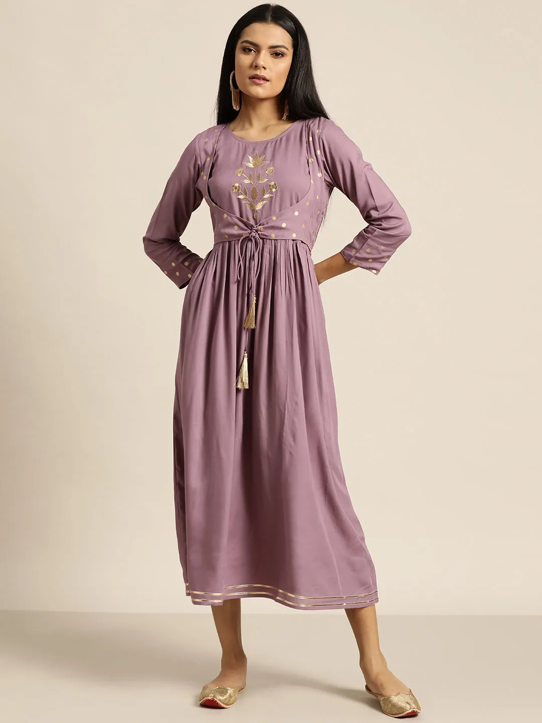 Women Lavender Foil Print Liva Dress With Jacket