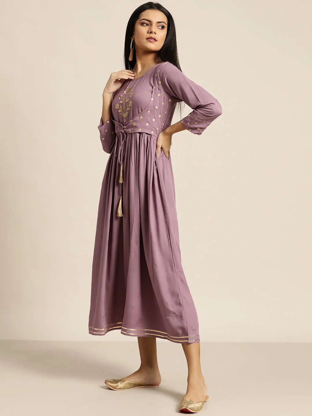 Women Lavender Foil Print Liva Dress With Jacket