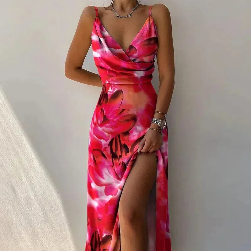 Women Print Camisole V Neck Sleeveless Dress A Line Long Dresses Spaghetti Strap Sexy Split Evening Skirt Prom Summer 2023
