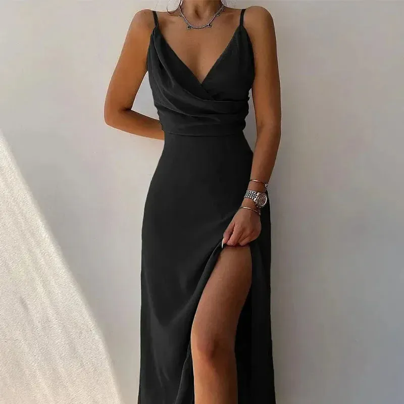 Women Print Camisole V Neck Sleeveless Dress A Line Long Dresses Spaghetti Strap Sexy Split Evening Skirt Prom Summer 2023