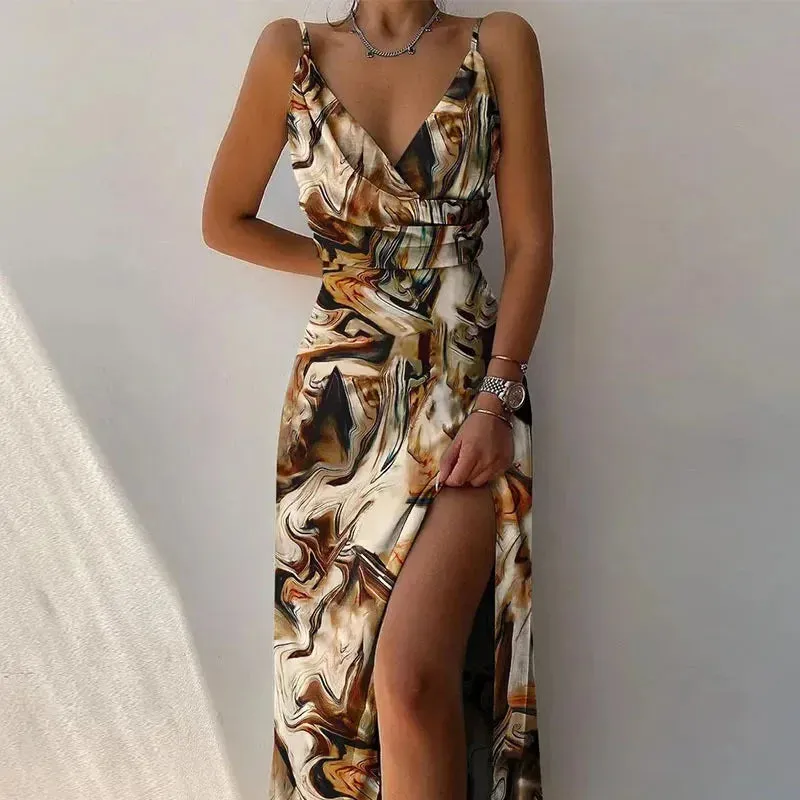 Women Print Camisole V Neck Sleeveless Dress A Line Long Dresses Spaghetti Strap Sexy Split Evening Skirt Prom Summer 2023