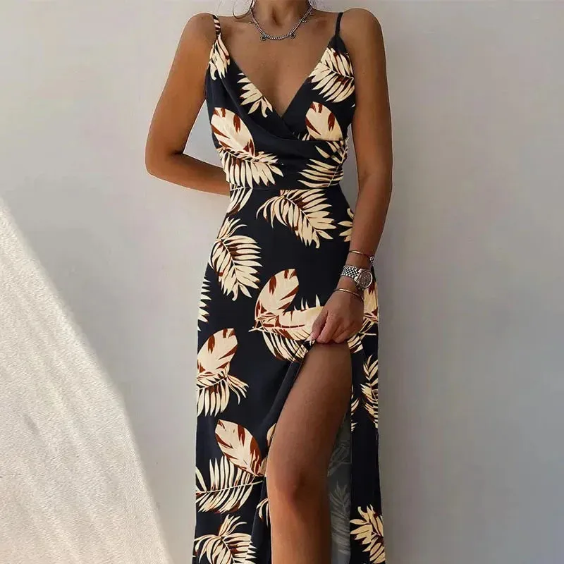 Women Print Camisole V Neck Sleeveless Dress A Line Long Dresses Spaghetti Strap Sexy Split Evening Skirt Prom Summer 2023