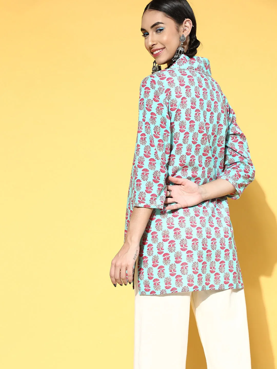 Women Sky Blue Booti Floral Shawl Collar Top
