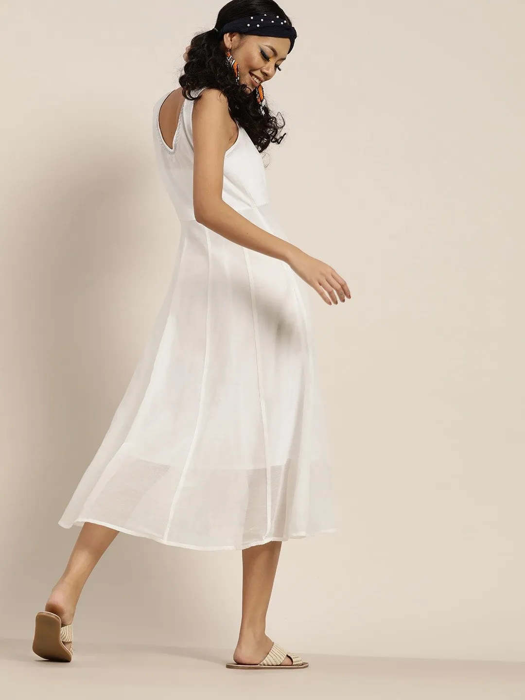 Women White Gota Patti Sleeveless Anarkali Dress