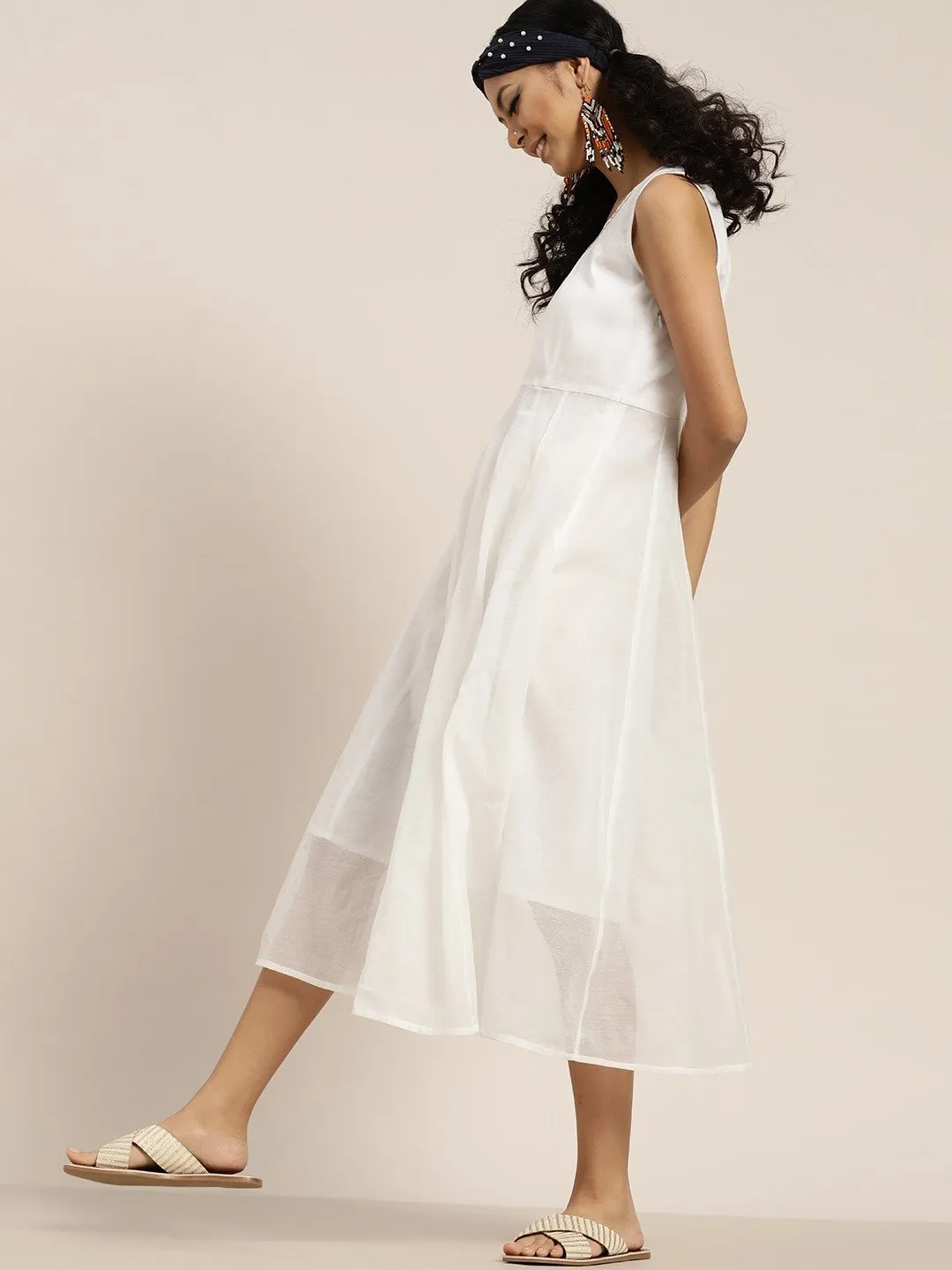 Women White Gota Patti Sleeveless Anarkali Dress