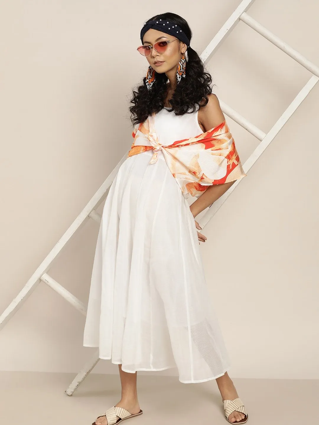Women White Gota Patti Sleeveless Anarkali Dress