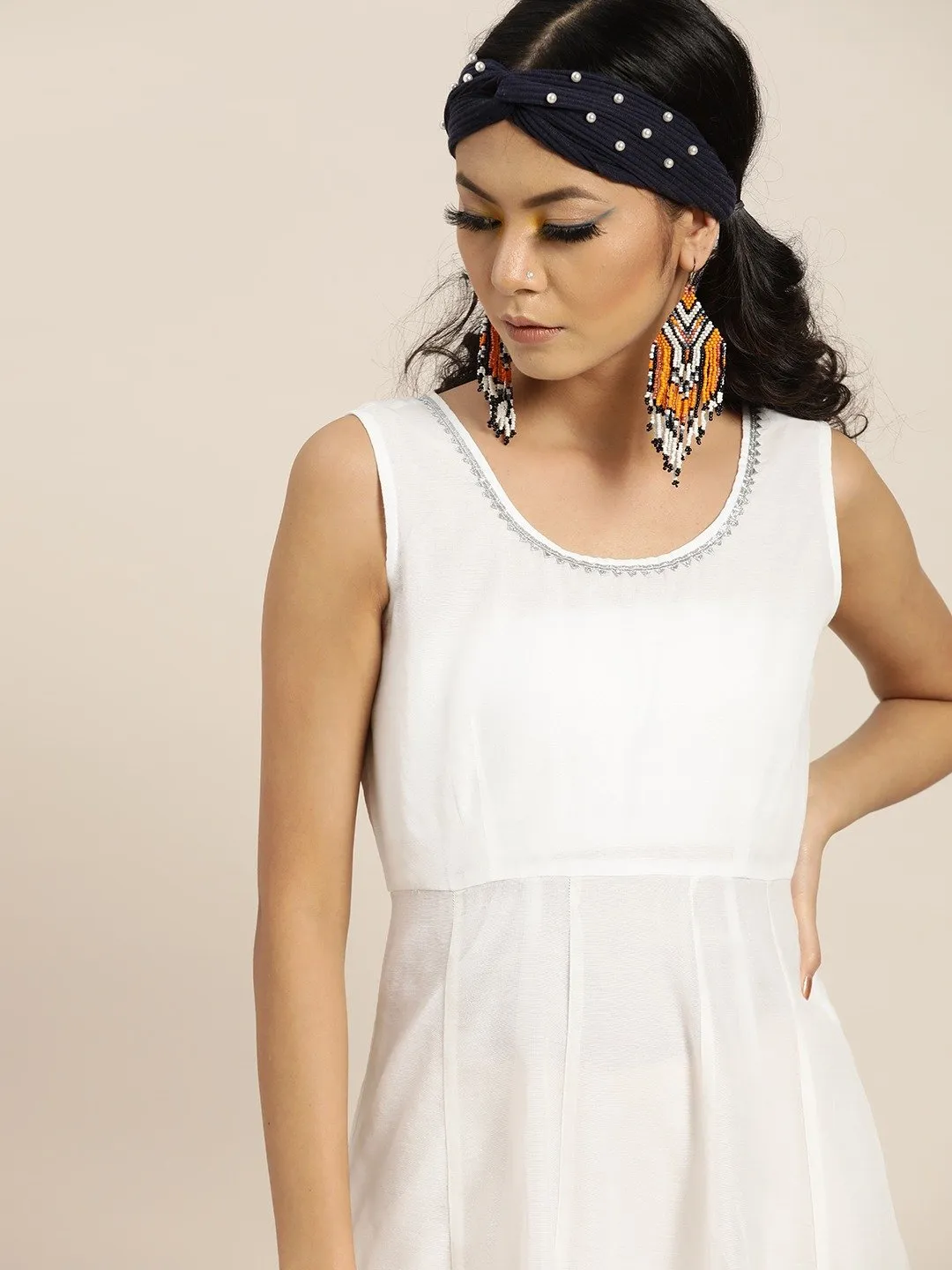 Women White Gota Patti Sleeveless Anarkali Dress