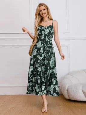 Women's Button Ruffled Hem Printed Front Long Summer Strap Spaghetti Vintage Design Dress