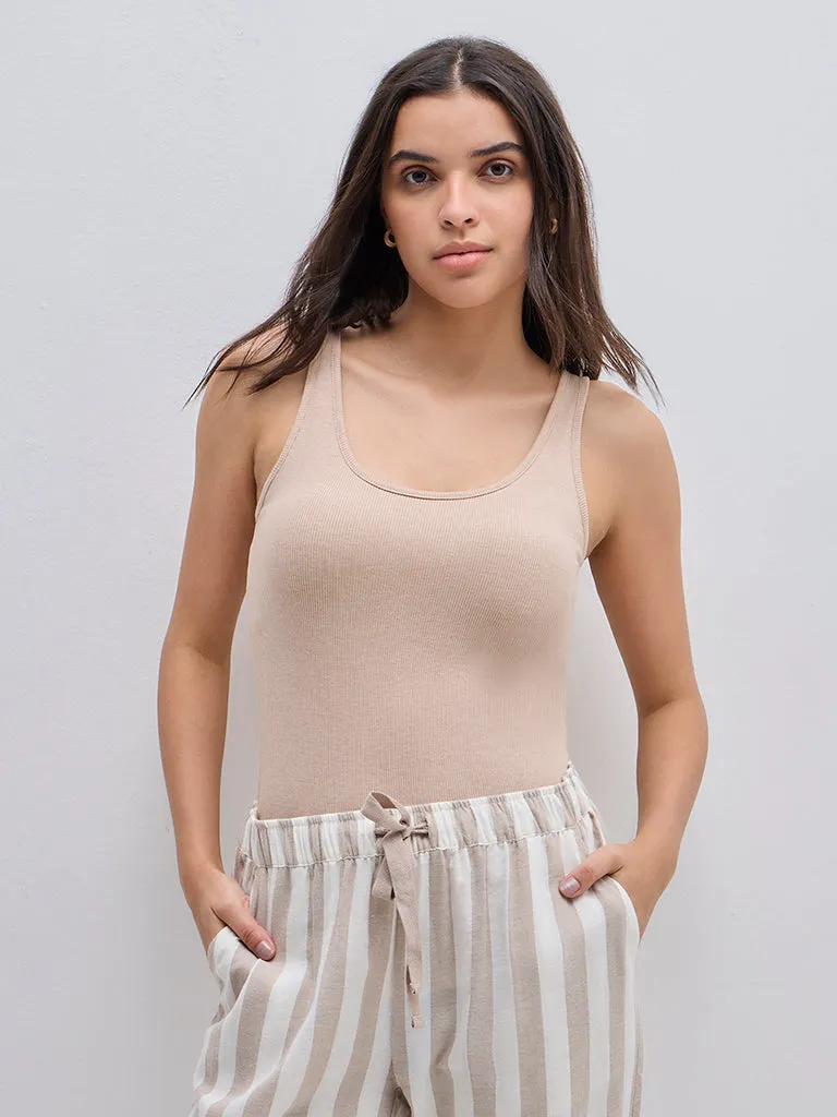 Wunderlove Beige Ribbed Cotton Blend Camisole