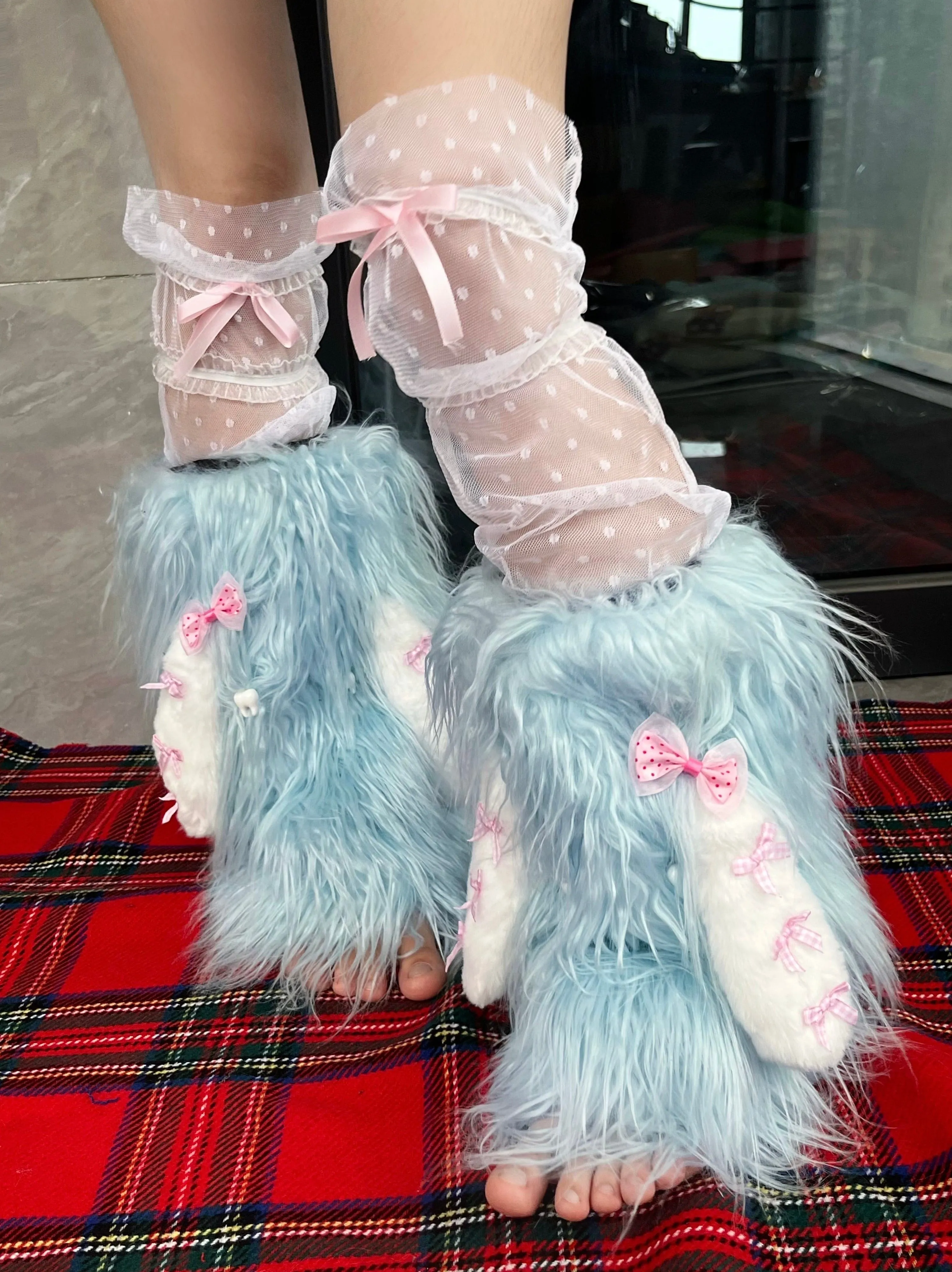 Y2K Rabbit Bow Ear Artificial Fur Leg Warmers