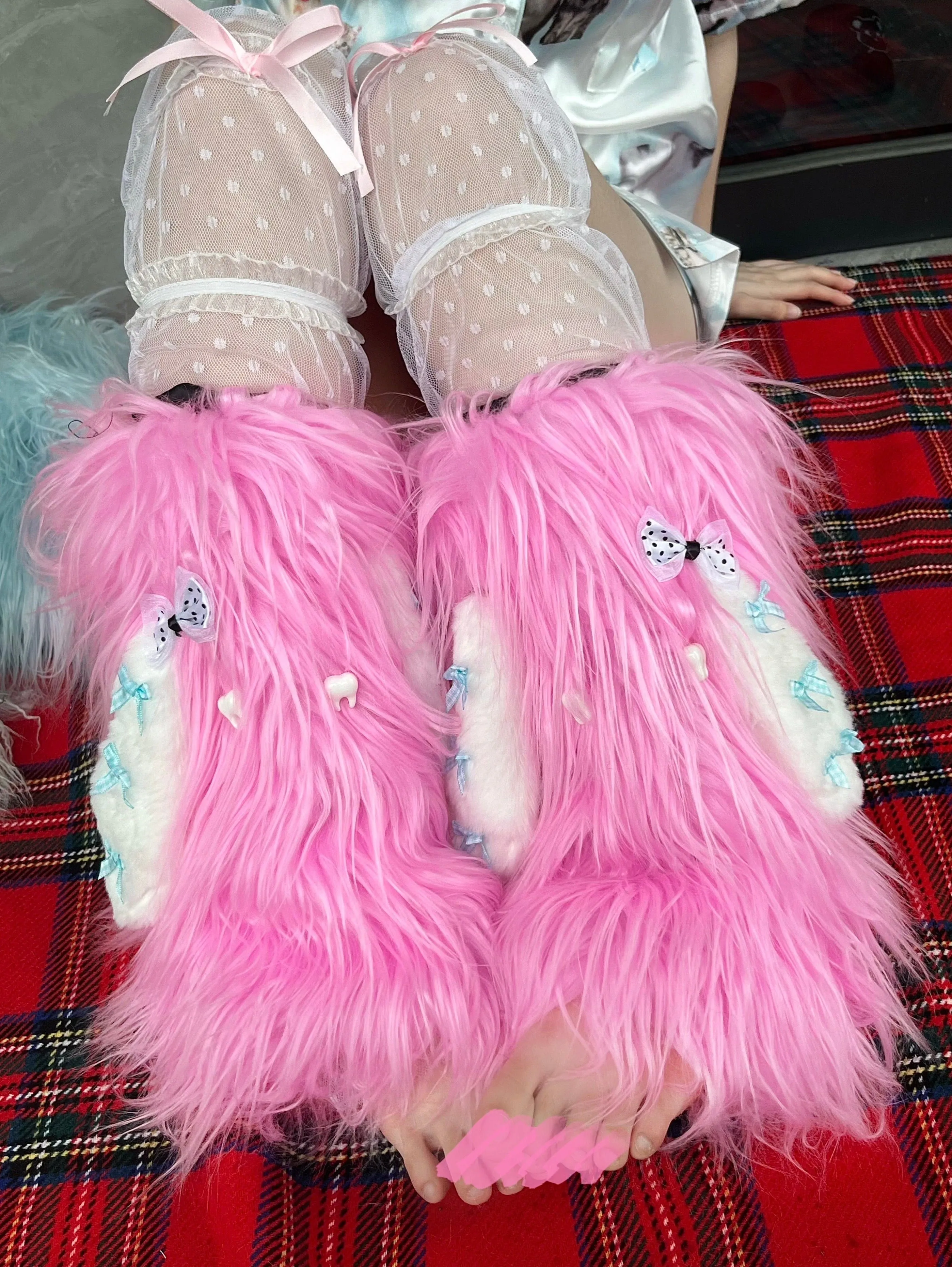 Y2K Rabbit Bow Ear Artificial Fur Leg Warmers
